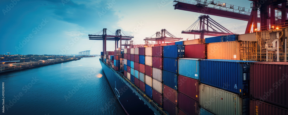 Container ship carrying container boxes import export dock with quay crane. Business commercial trade global cargo freight shipping logistic and transportation worldwide oversea concept. Generative AI