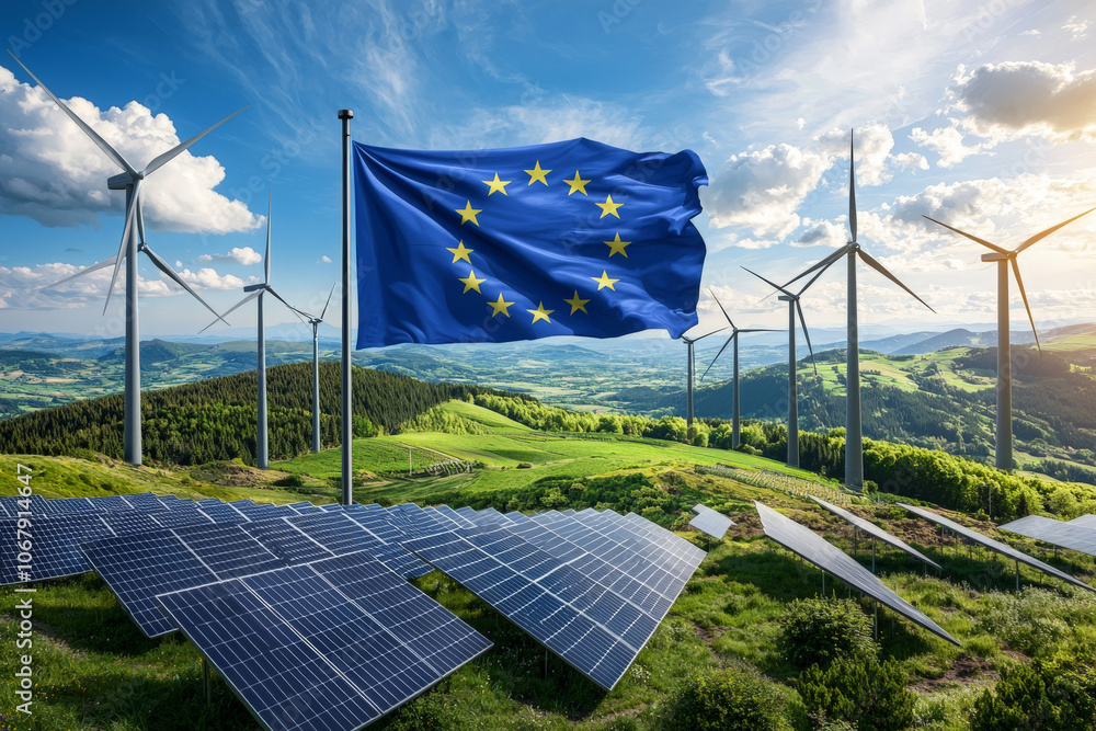 European Union Flag with Renewable Energy Landscape